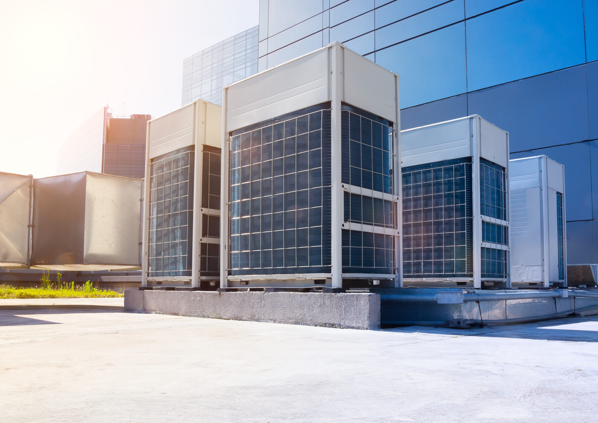 A commercial HVAC system on the roof of an office building