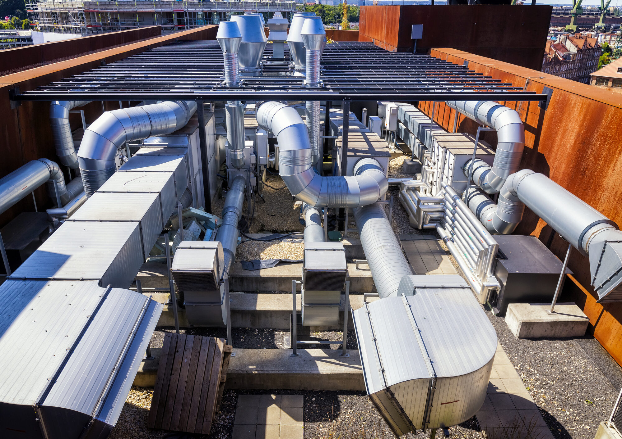 A commercial HVAC system on the roof of an office building